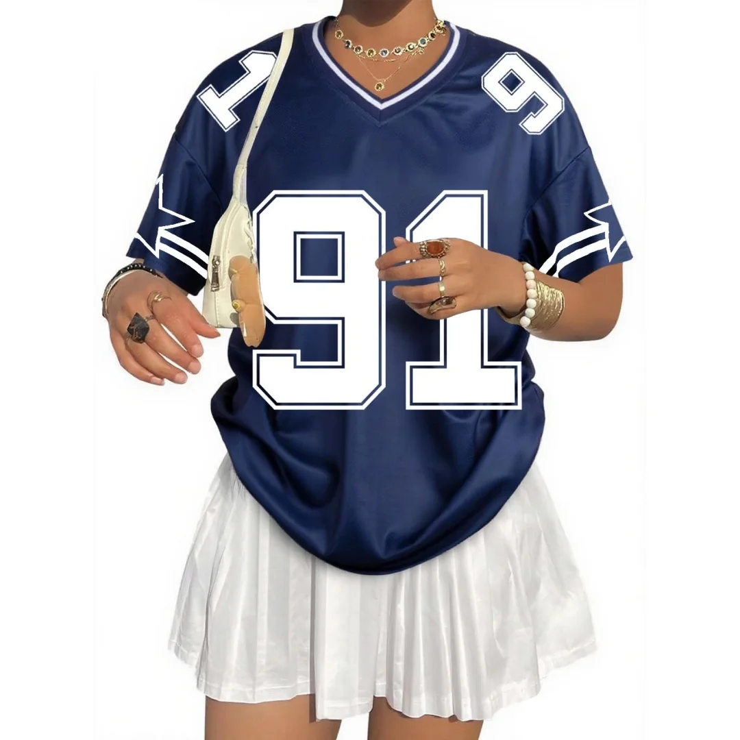 قمصان جيرسي كبيرة الحجم للنساء فضفاضة برقم جرافيك تي شيرت برقبة على شكل V Y2k ملابس الشارع الشهير قمة الموضة متجر الملابس النسائية #5