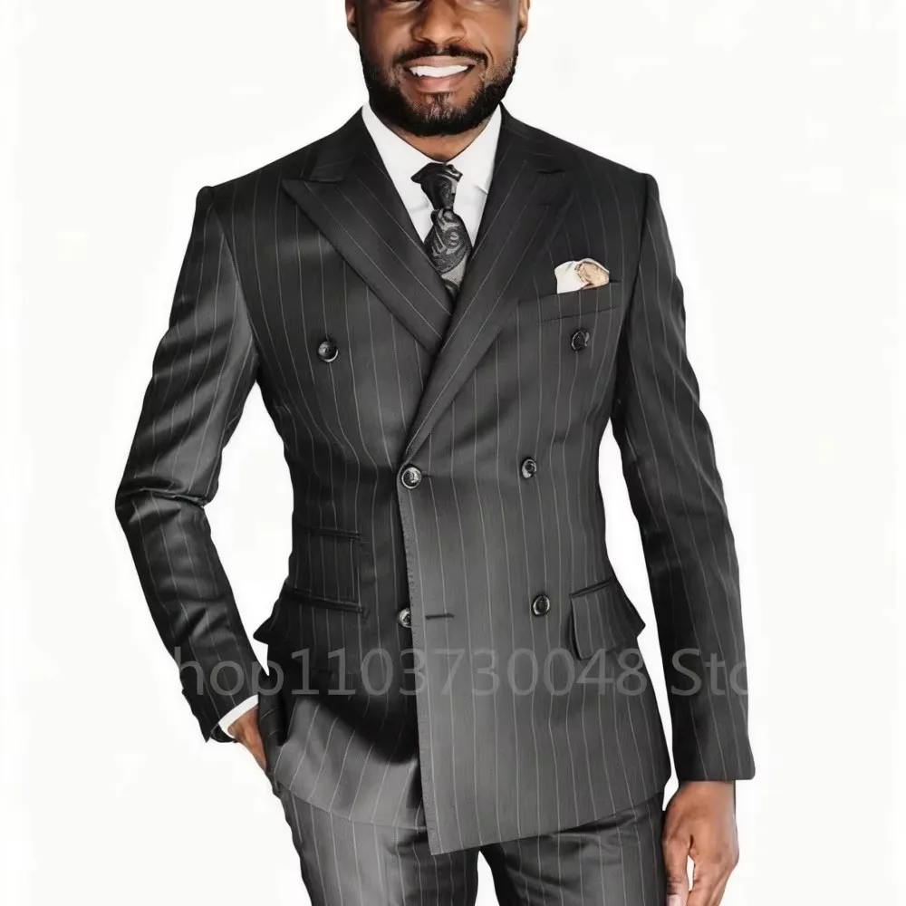 أسود مخطط 2 قطعة الرجال الدعاوى الزفاف العريس البدلات الرسمية بدلة عمل الذروة التلبيب مزدوجة الصدر السترة مجموعة (سترة + السراويل) #2