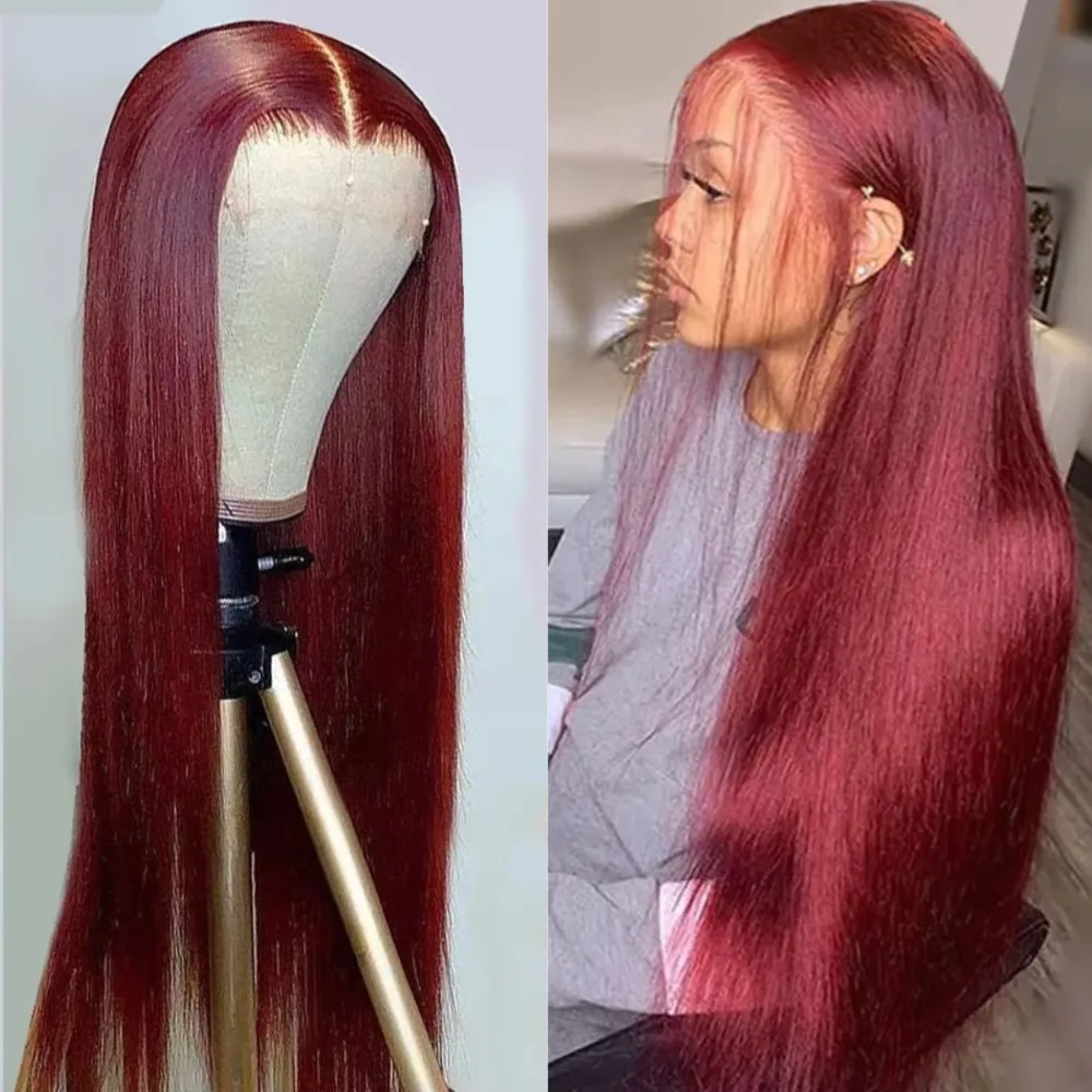 Wig lurus berwarna Burgundy 99j Wig 180 ketebalan transparan renda Frontal rambut manusia Wig 13x6 renda Frontal Wig manusia untuk wanita