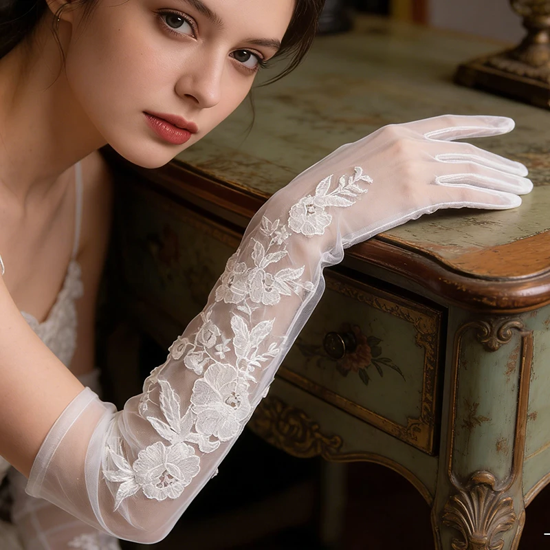 55cm Women's Sheer Tulle Bridal Long Gloves Floral Lace Embroidery Wedding Runway Photoshoot Evening Elegant Luxury Thin
