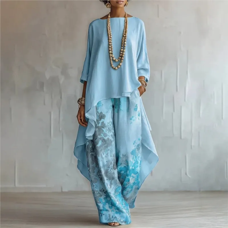 Spring Autumn Women's Office Two-piece Set Fashion Solid Color Long Top+loose Printed Wide Leg Pants Suit With Pockets For Lady