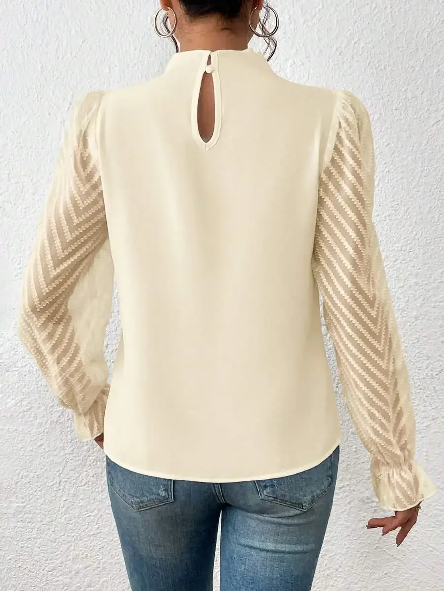 Autumn Elegant Ladies Office Shirt Tops Fashion Lace Long Sleeve T-Shirts Chiffon Shirts Casual Slim Mock Neck Blouse For Womens