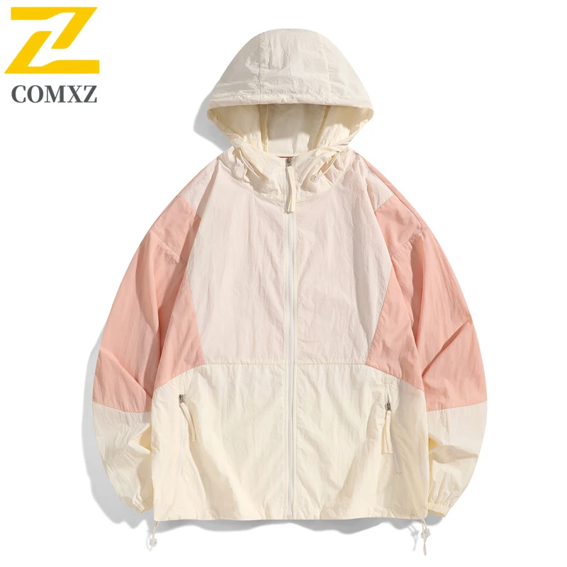 Summer Ice Silk Sunscreen Jacket Men's Harajuku UV Ultra-thin Breathable Splicing Hooded Coat Fishing Camping Skin Windbreaker
