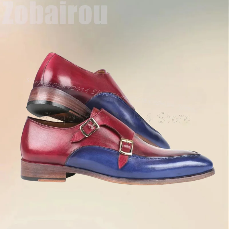 Mocasines de diseño de costura para hombres, zapatos de lujo hechos a mano, sin cordones, decoración de hebilla de Color rojo y azul degradado, fiesta, fiesta