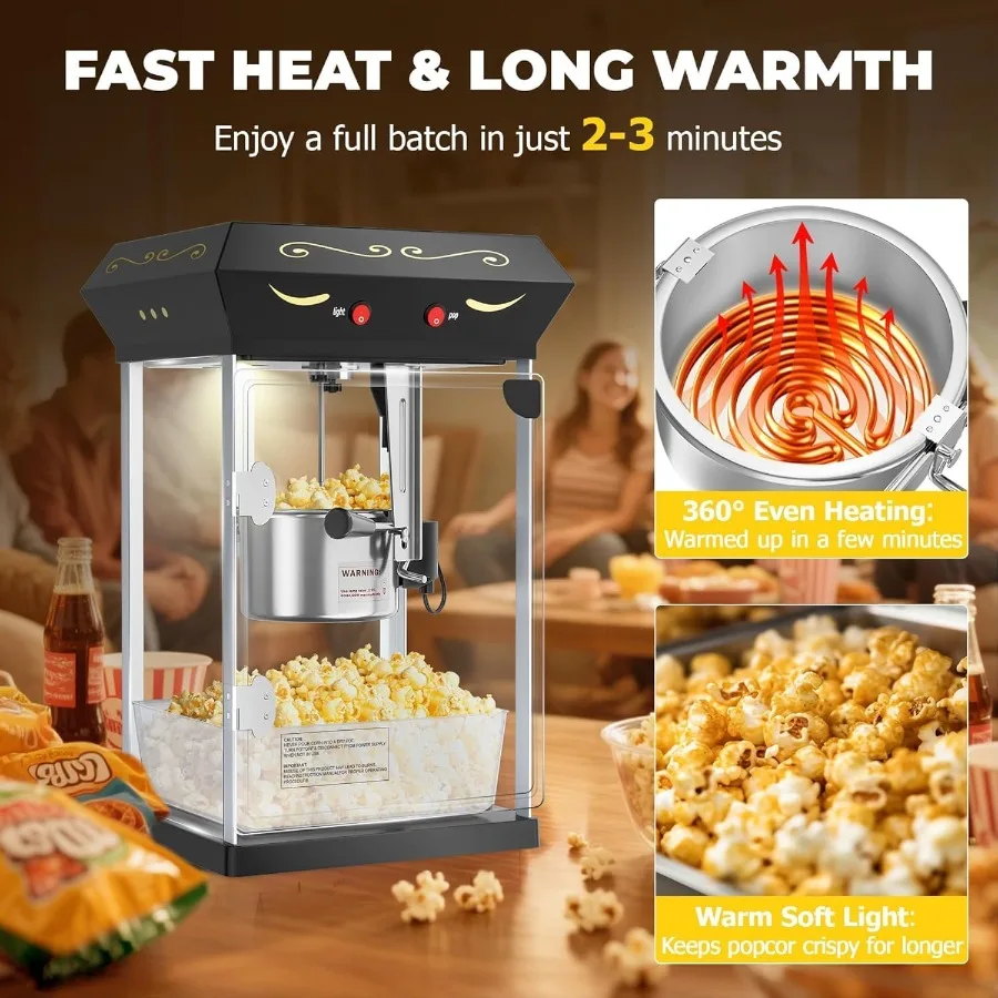 ماكينة صنع الفشار سعة 8 أونصة مع غلاية من الفولاذ المقاوم للصدأ تشكل ما يصل إلى 32 كوبًا على طراز مسرح السينما Pop Corn Ma