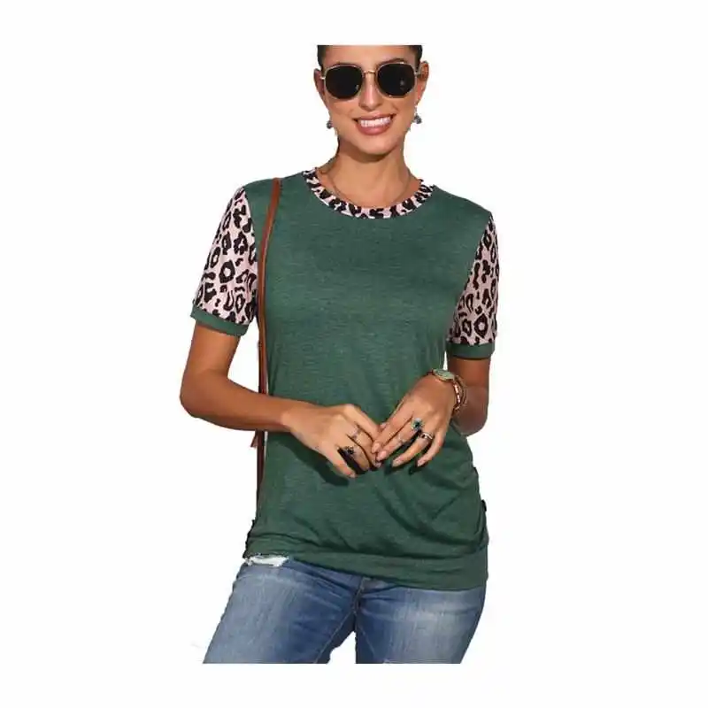 

Leopard Print round Button Tirt Women's ort Sve Slim Fit Cotton Summer Faion Casual Top Universal Sle