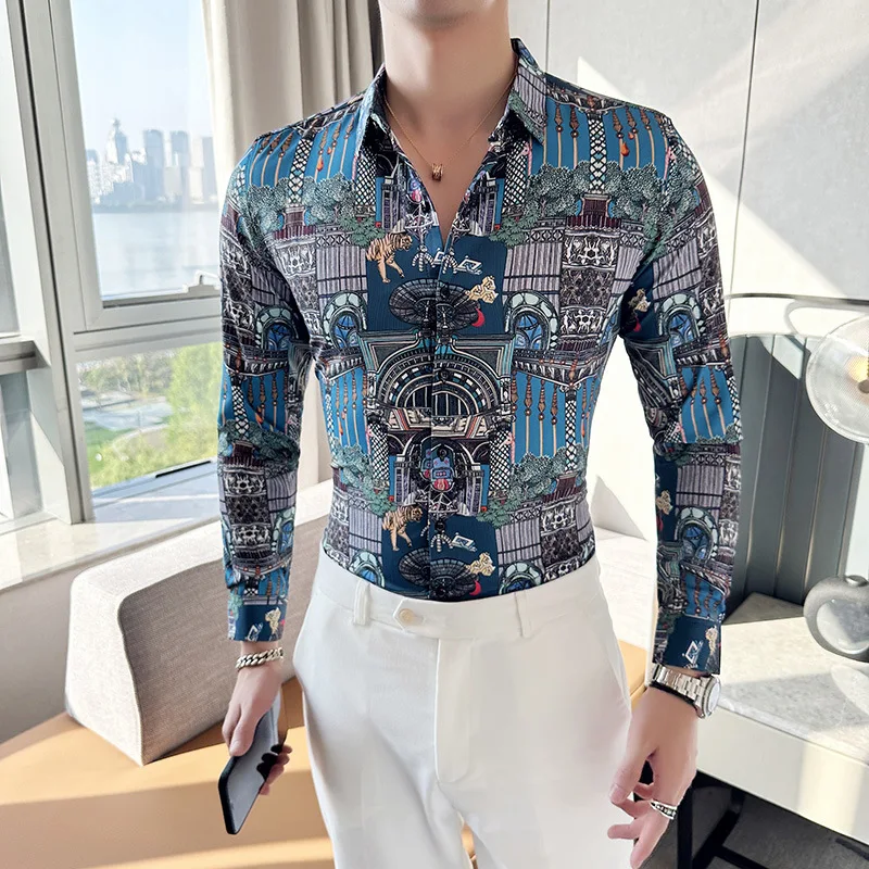 Luxury Retro Printed Shirt for Men Long Sleeve Casual Business Formal Dress Shirts Social Party Banquet Nightclub Men Clothing