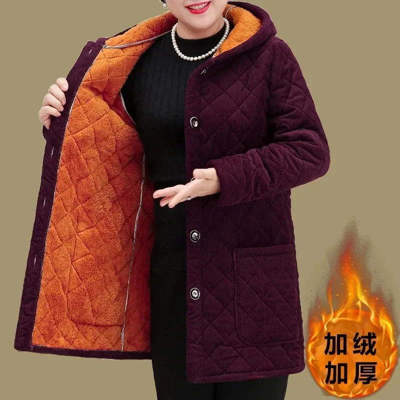 Mother Clothing Cotton Coat 2024 Autumn Winter Plush Warm Parkas Long Hooded Padded Coat Womens Cotton-Padded Jacket Outwear New