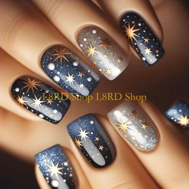 L8rd 24 pcs glitzernden vollen Cover auf Nagel kurzer Quadrat Falsches Nagel Astral Presse auf Nagel farbenfrohe Nagel