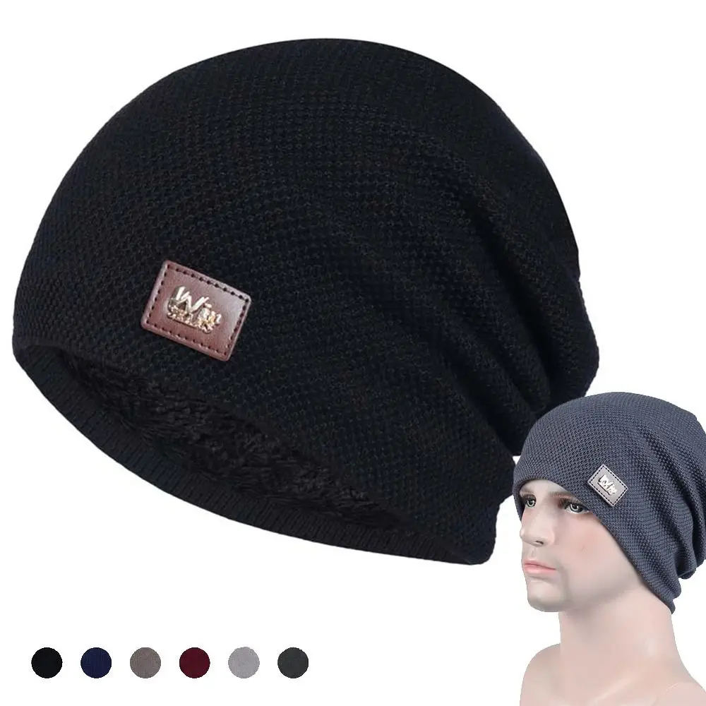 Warm Fleece Lined Casual Knitted Hat Label Decor Knitted Material Slouchy Winter Hats Solid Pullover Turban Cap Men and Women
