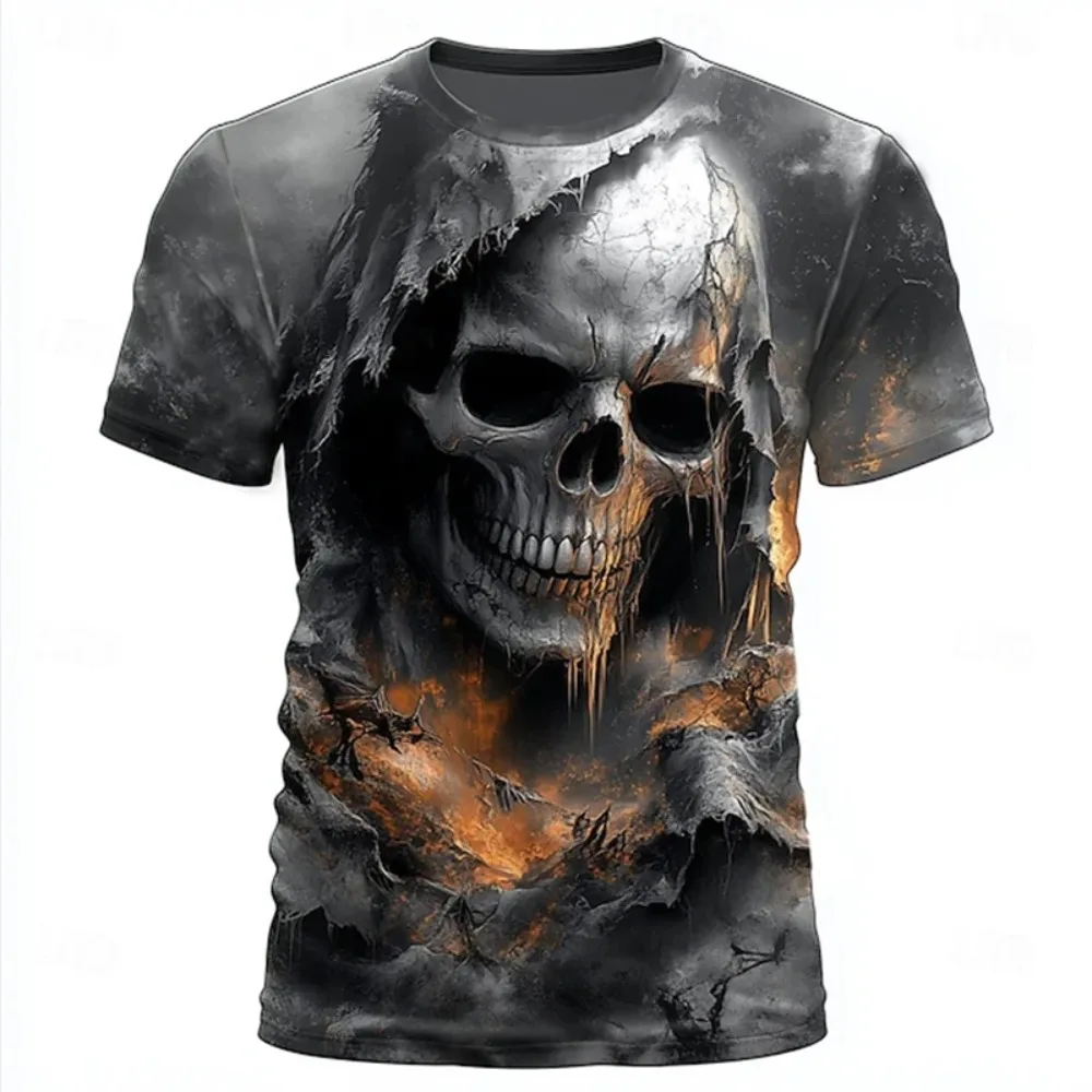 New Halloween Men's 3D Printed Breathable Sports Round-neck T-shirt with Terrifying Skull Pattern. Trendy Street Party Loose Top