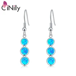 CiNily Created Blue Fire Opal Earrings Silver Color 3 Round Long Earring for Women Fashion Jewelry Pierced Dangle Earrings Gifts