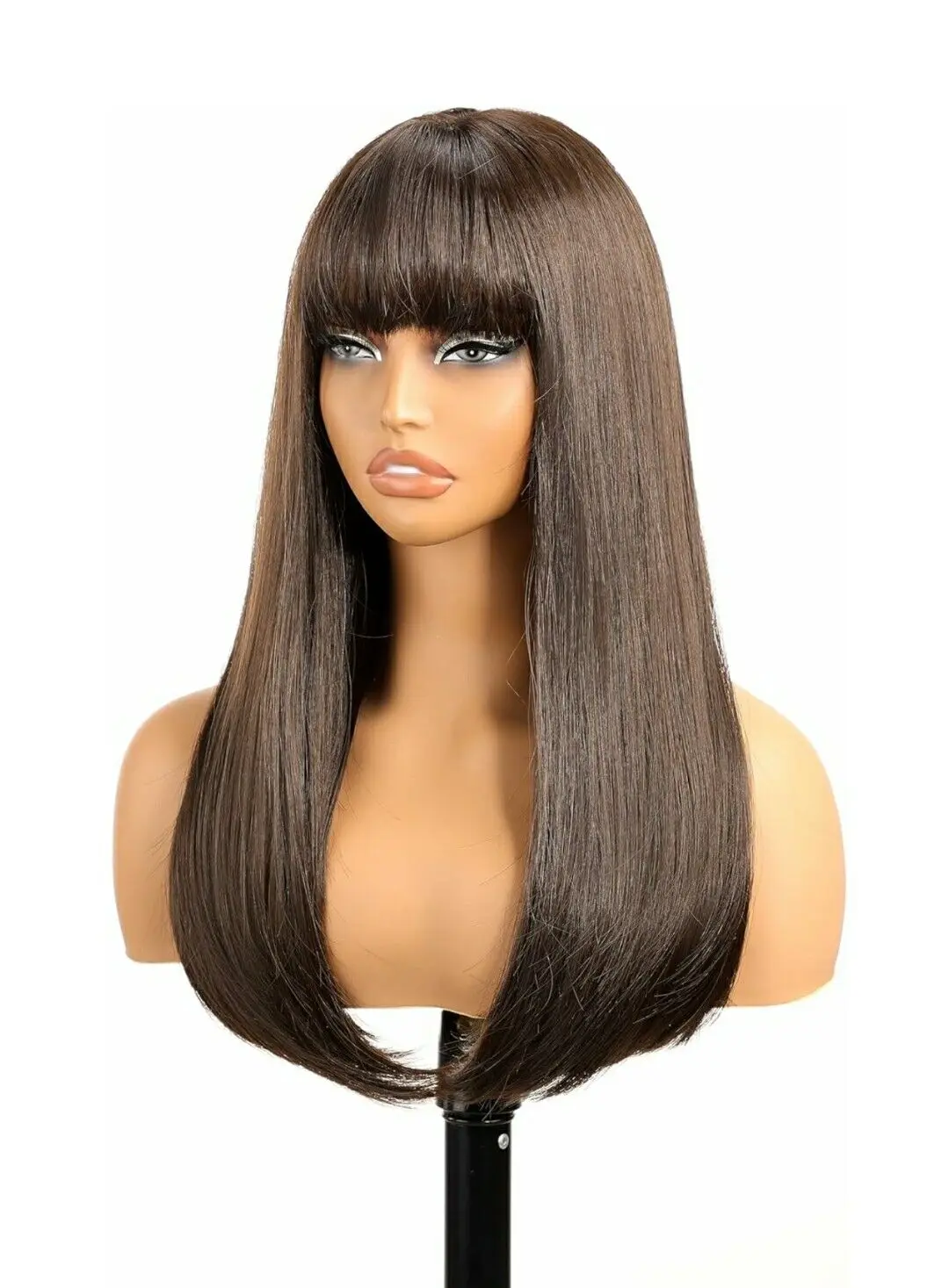 

Wig - Blend - Long Straight Layered Dark Brown Bangs Heat Resistant