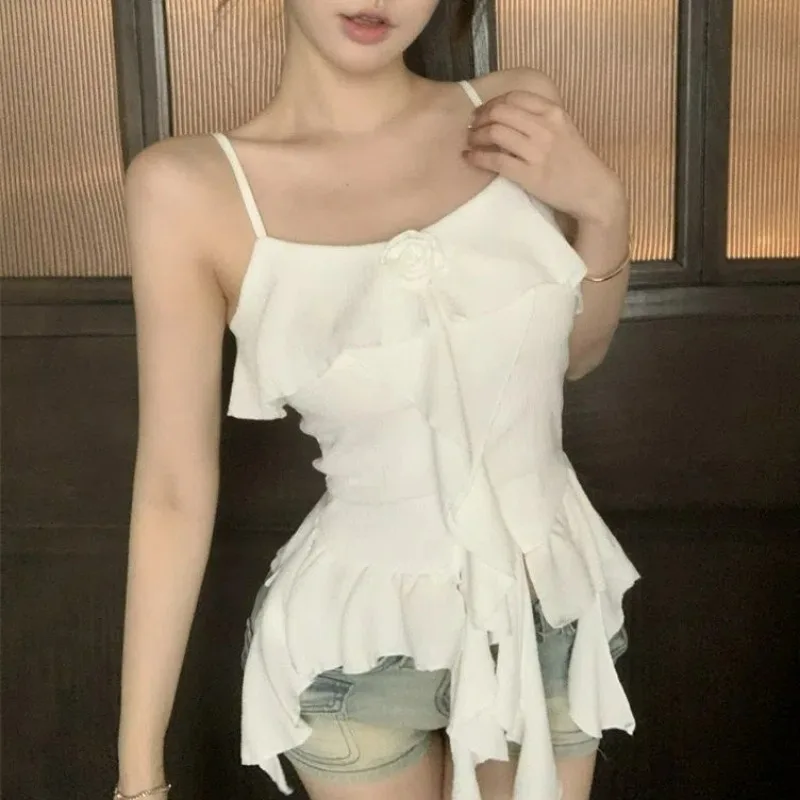 

Women Summer 3d Flower Ruffles Asymmetrical Tops Sexy Spaghetti Strap Sleeveless Vest Solid Sweet Chic Slim Fairy Camisole