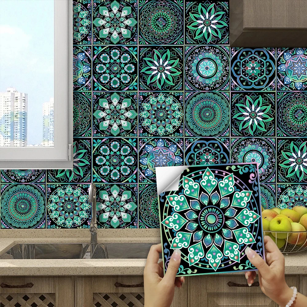 

10PCS/SET Mandala Art Style Marble Tile Stickers – Self-Adhesive, Waterproof – Peel & Stick for Kitchen, Sink, Walls
