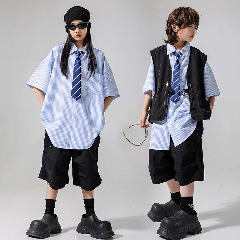 Boys Hip Hop Costume Vertical Striped Shirt Black Vest Shorts for Girls Street Dance Kids Jazz Clothes Children Streetwear sets