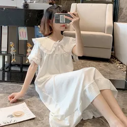 Peter Pan Collar Sleepwear Woman Short Sleeves Nightgown Korean Night Dress Summer One Piece Pajamas Dress Bow Night Wears 2024