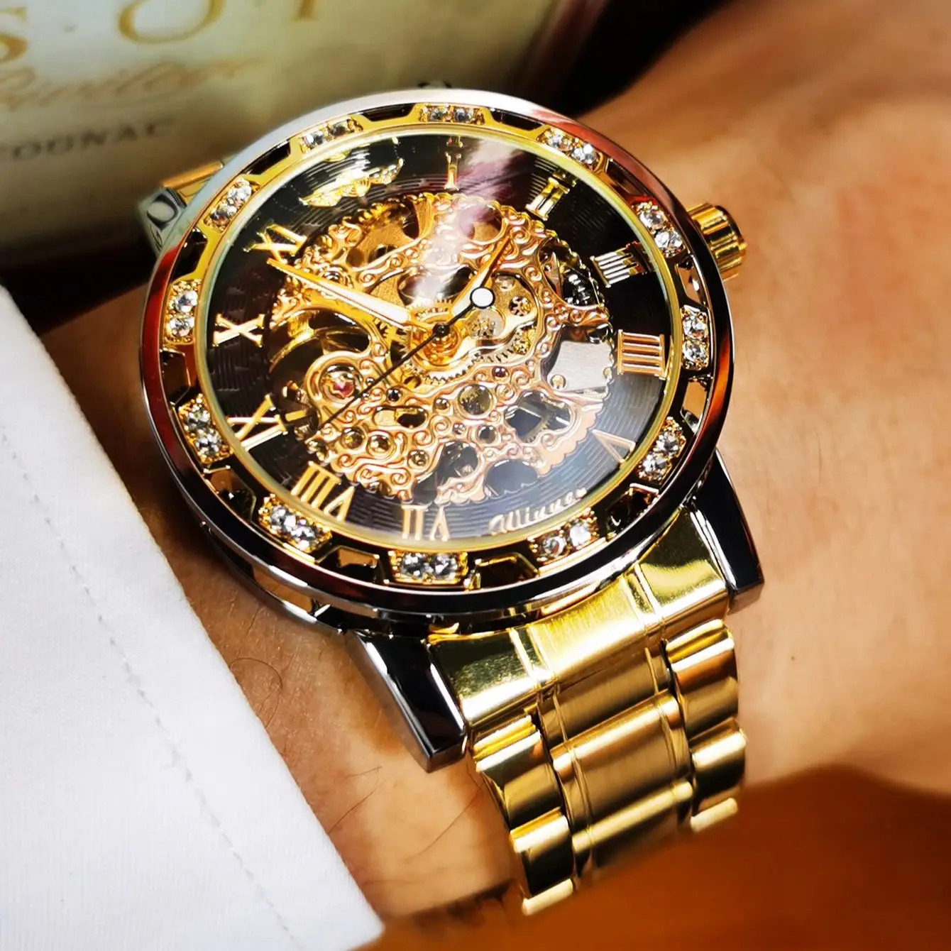 

Винтажные золотые часы со скелетом для мужчин, роскошные брендовые часы Iced Out с ручным заводом, деловые мужские наручные часы с ремешком из нержавеющей стали