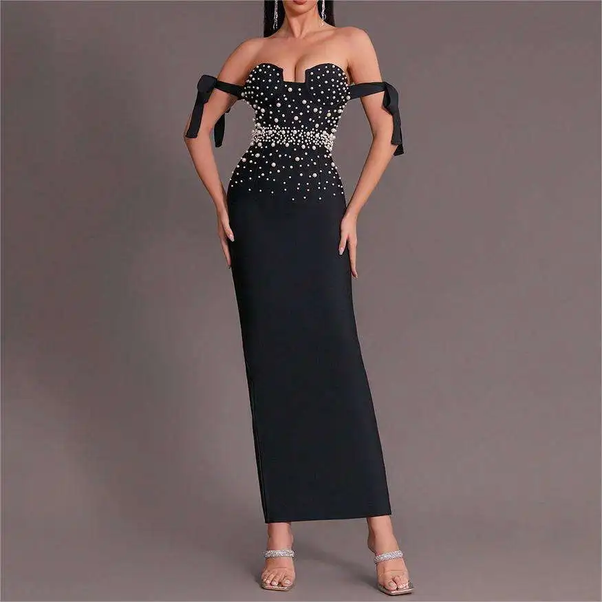 

GORAFASHION Women's Strapless Pearls Beading Black Prom Ball Dress Elegant Luxury One Shoulder Bow Bodycon Bandage Dress