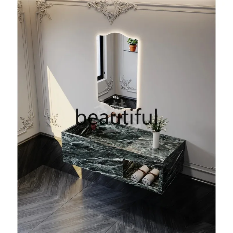B73 Luxury stone narrow side deep sink wall-mounted marble rock slab hand wash basin bathroom cabinet
