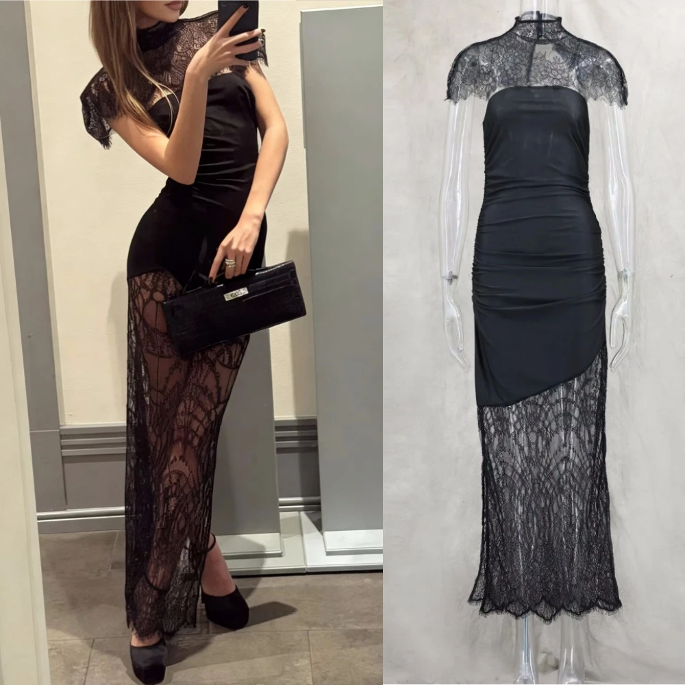 Sexy schwarzes Spitzen-Patchwork-gerafftes Kleid mit Schal, Sommer, elegantes trägerloses Split-Damenkleid, schickes Party-Club-Abendkleid 2026