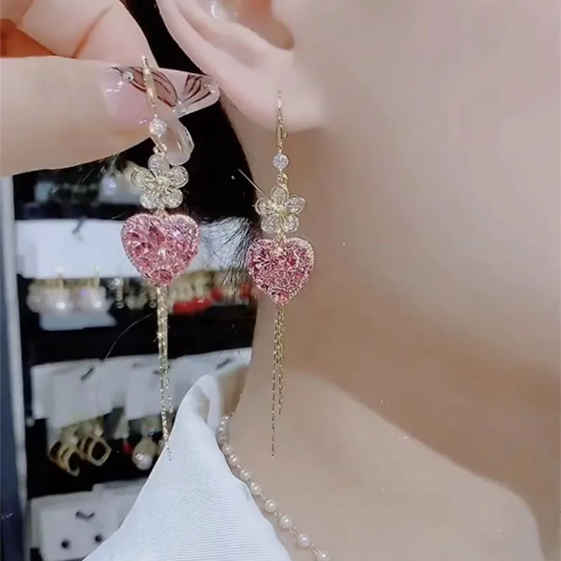 New Flower Pink Zircon Love Tassel Earrings for Women Personalized Fashionable Daily Accessories Party Jewelry Birthday Gifts