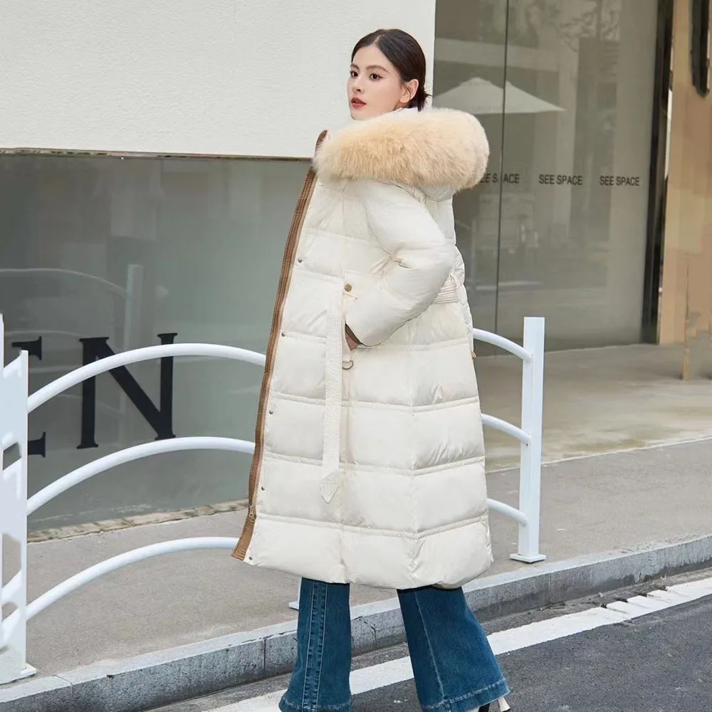 2024 Winter New White Duck Down Slim Korean High-end Temperament Joker Long Fashion Fur Collar Down Jacket Female Tide.