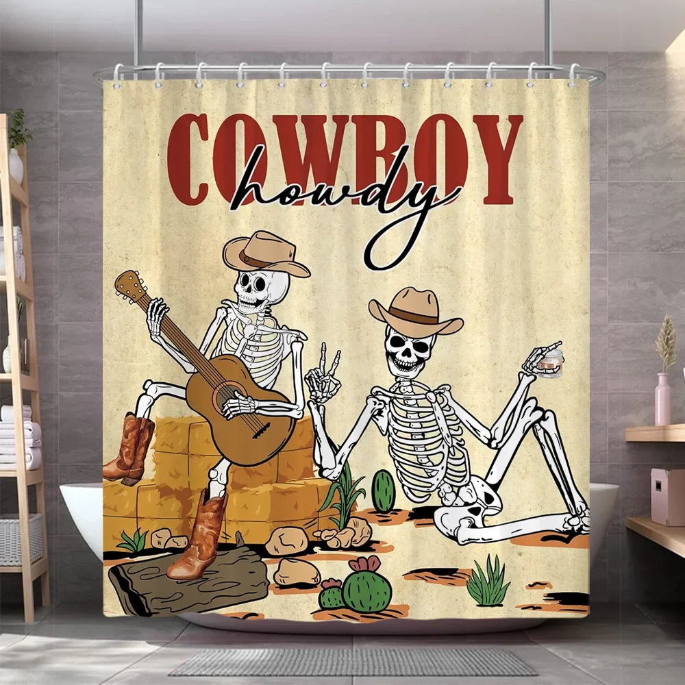 Vintage Western Skull Guitar Shower Curtain Funny Skeleton Cowboy Howdy Gothic Wild Country Desert Shower Curtain Bathroom Decor