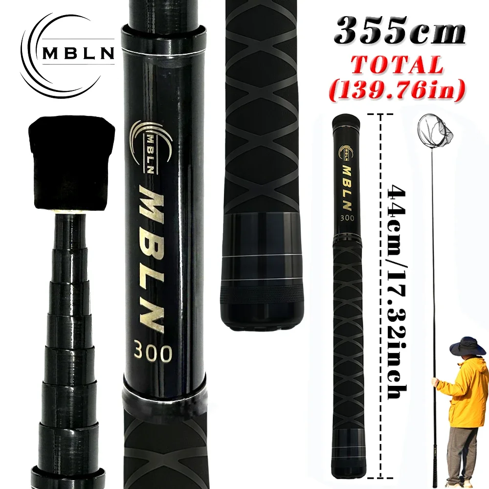 mbln-カーボンファイバーランディングネット、全長-355cm、折りたたみ時-44cm、伸縮式-310cm-ポール、岩釣りに耐久性、コンパクト-強力
