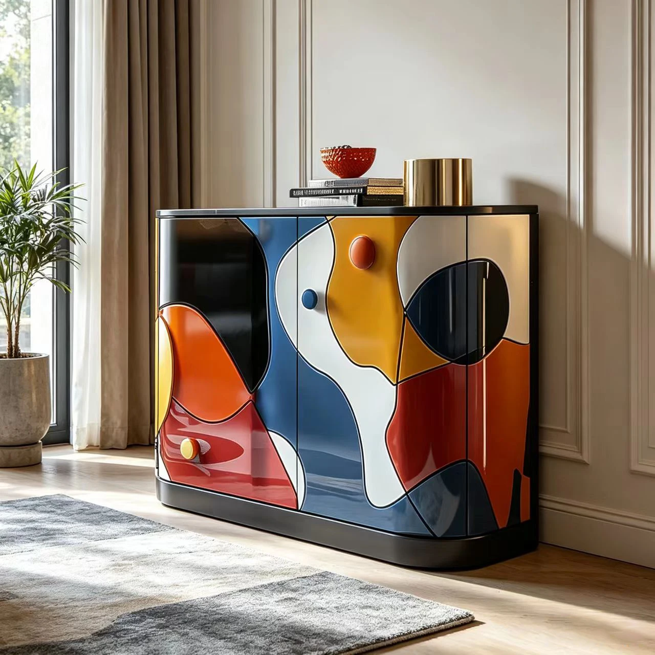 N*-Solid Multilayer Wood Storage Cabinet Abstract Glossy Color Block Rounded Corners