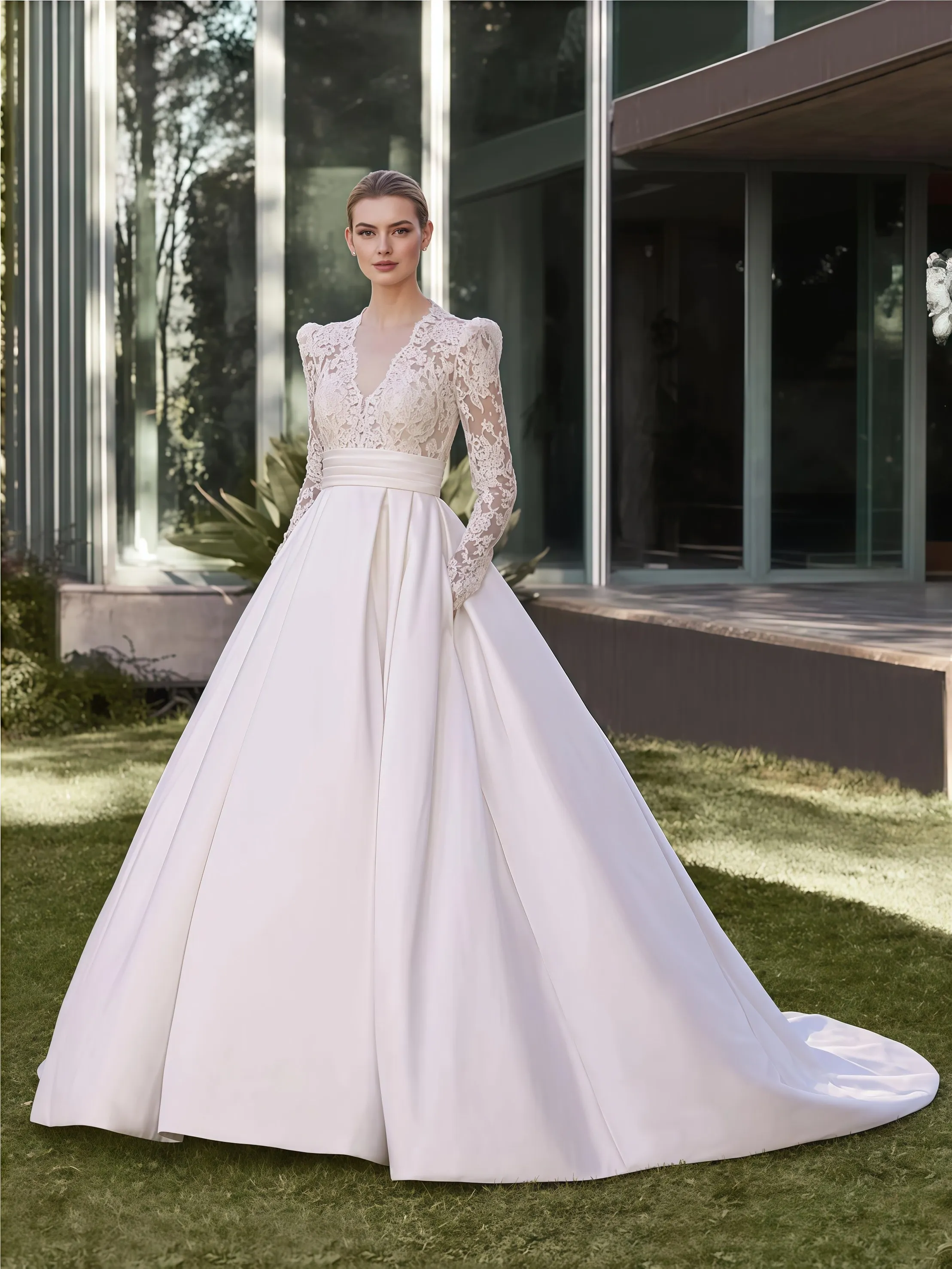 Vestido de fiesta modesto con encaje, vestido de novia personalizado con cuello en V, impresionante ilusión de satén, mangas largas, sin velo