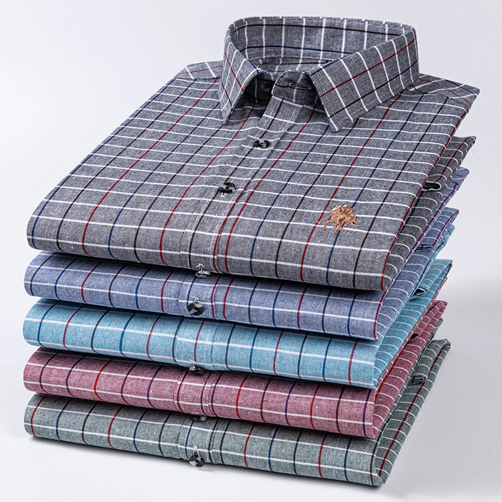 Mens Cotton Plaid Checkered Flannel Shirts Long Sleeve Button Down Shirt with Embroidered Logo Casual Shirts Work Shirts for Men