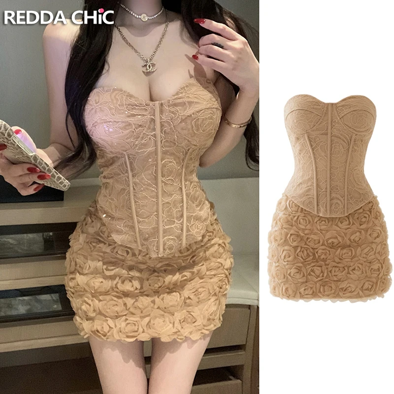 

Комплект ReddaChic: ретро-корсет и мини-юбка, без бретелек, облегающий силуэт, с 3D цветами, для коктейльных вечеринок, женская одежда