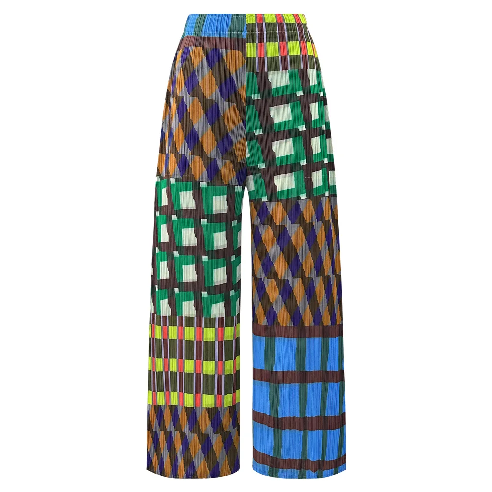 Miyake pleats, women, geometric print, loose, Japanese Korean casual, high-waist straight pants, 2026 summer new casual pants