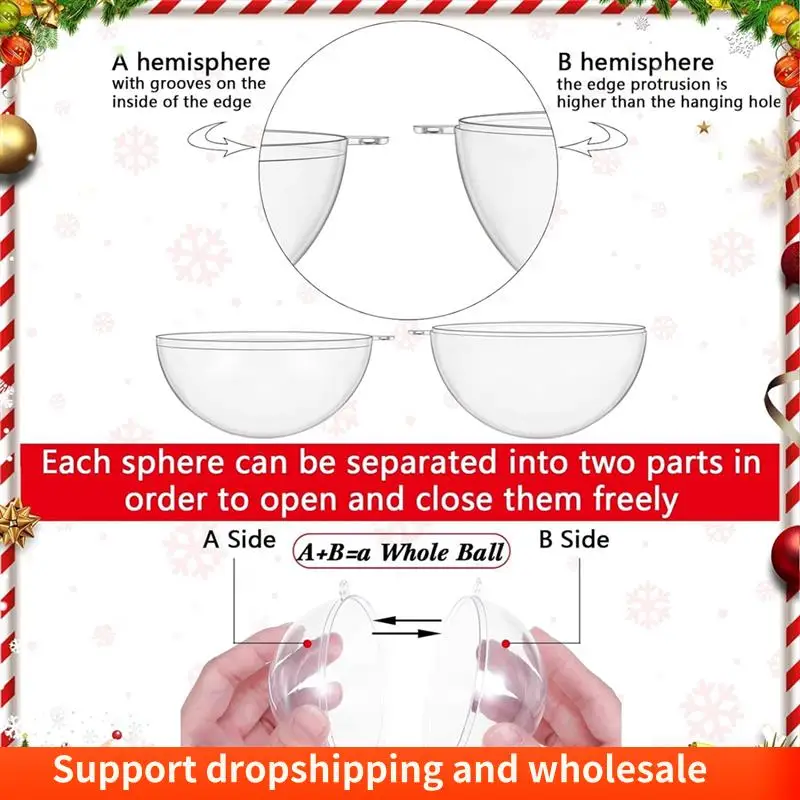 AA86 20 Pcs Christmas Fillable Ornaments Ball Clear Plastic Ornaments DIY Craft Transparent Ball For Christmas Party 3.15Inch