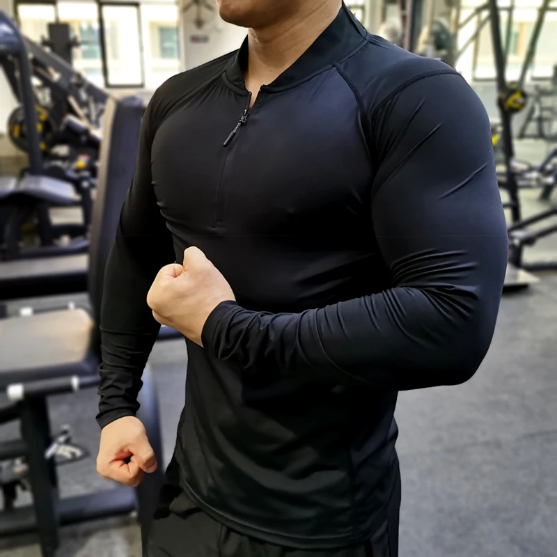 Quick Dry Running Shirt Men Bodybuilding Sport T-shirt Long Sleeve Compression Gym Fitness Tight Zipper Collar Autumn Winter