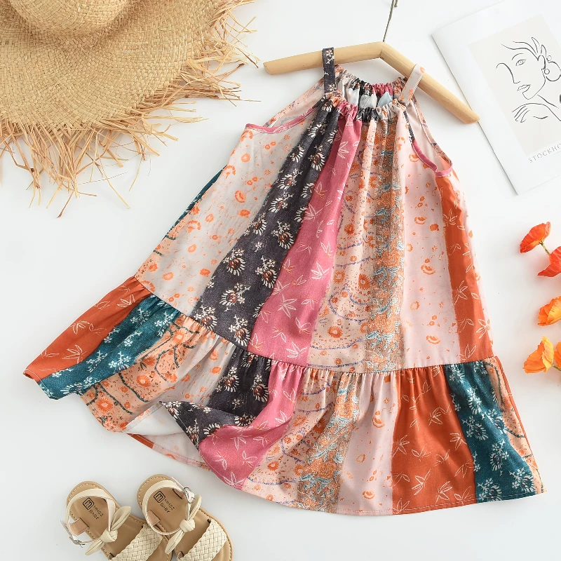 Boho-Strandkleid für Mädchen für den Sommer – ärmelloses Sommerkleid mit Blumenmuster und Neckholder-Ausschnitt im Farbblock-Design, Alter 3–7