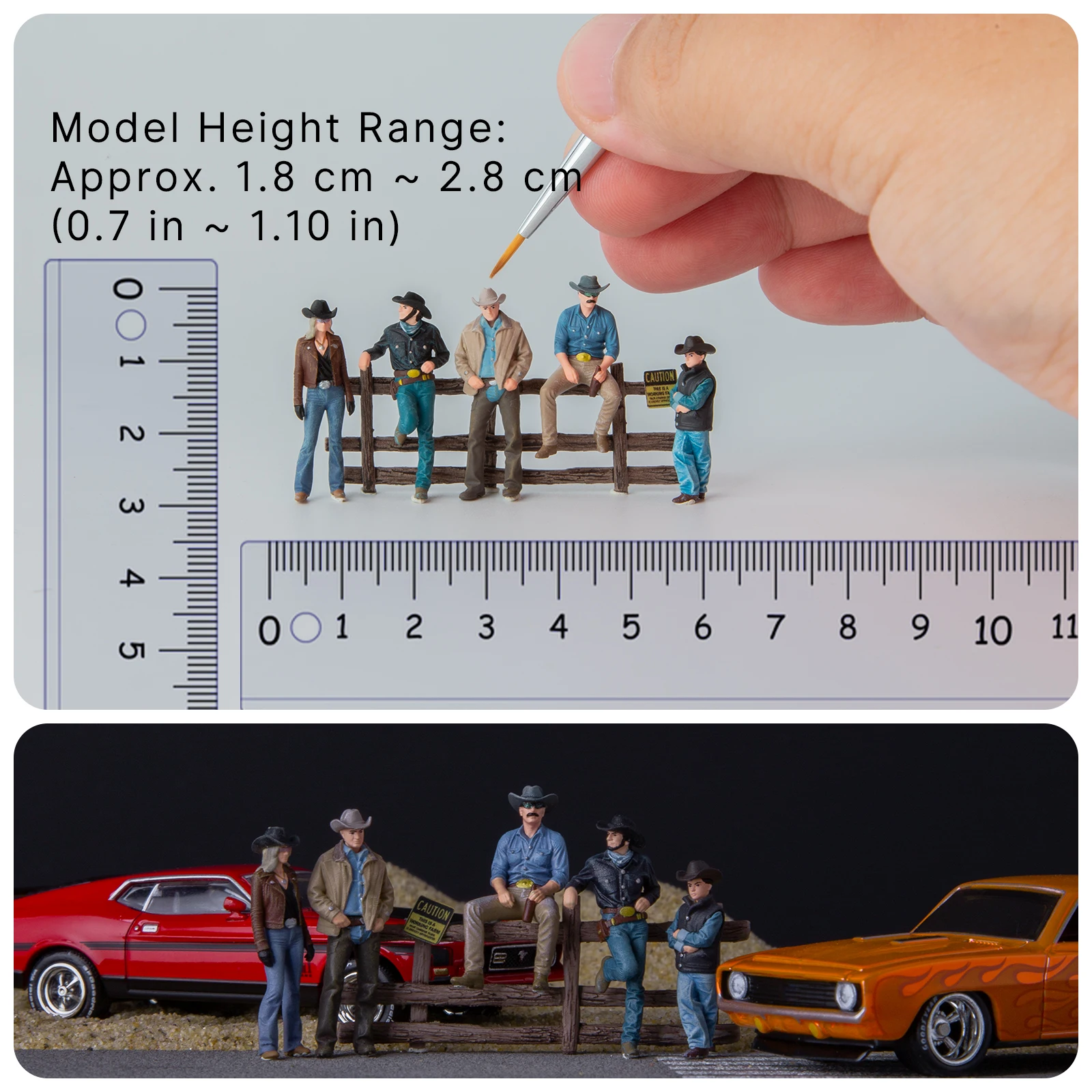 1/64 Scale Resin Western Cowboy Figures Set with Ranch Fence Miniature Scene Props Hand Painted Display for Diecast Car AFA image 2