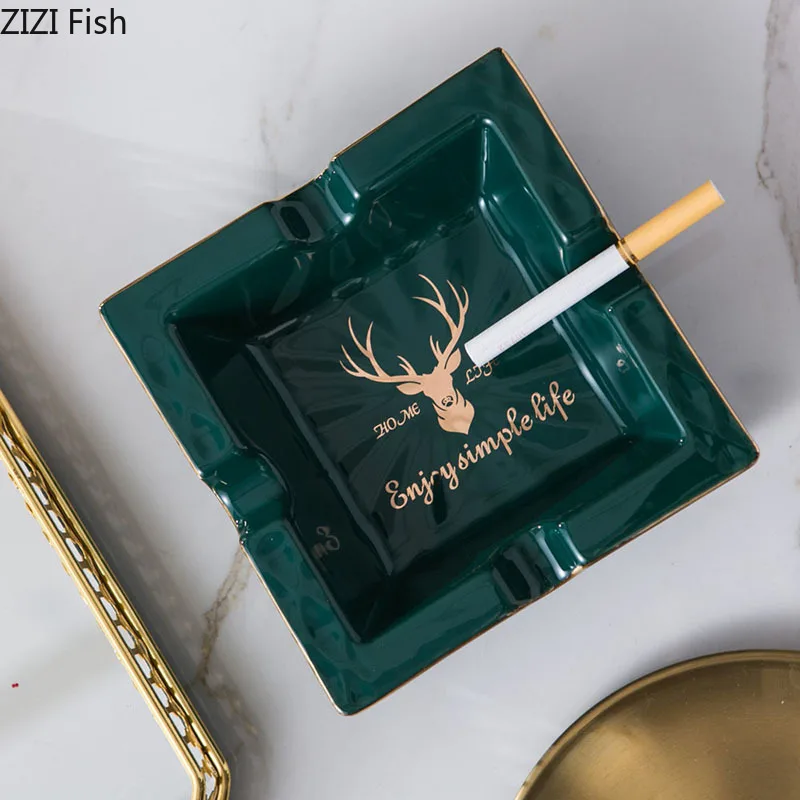 Gold Plated Deer Pattern Ceramic Ashtray with Lid Smoking Accessories for Weed Ash Tray Square Ashtrays Gifts for Boyfriend