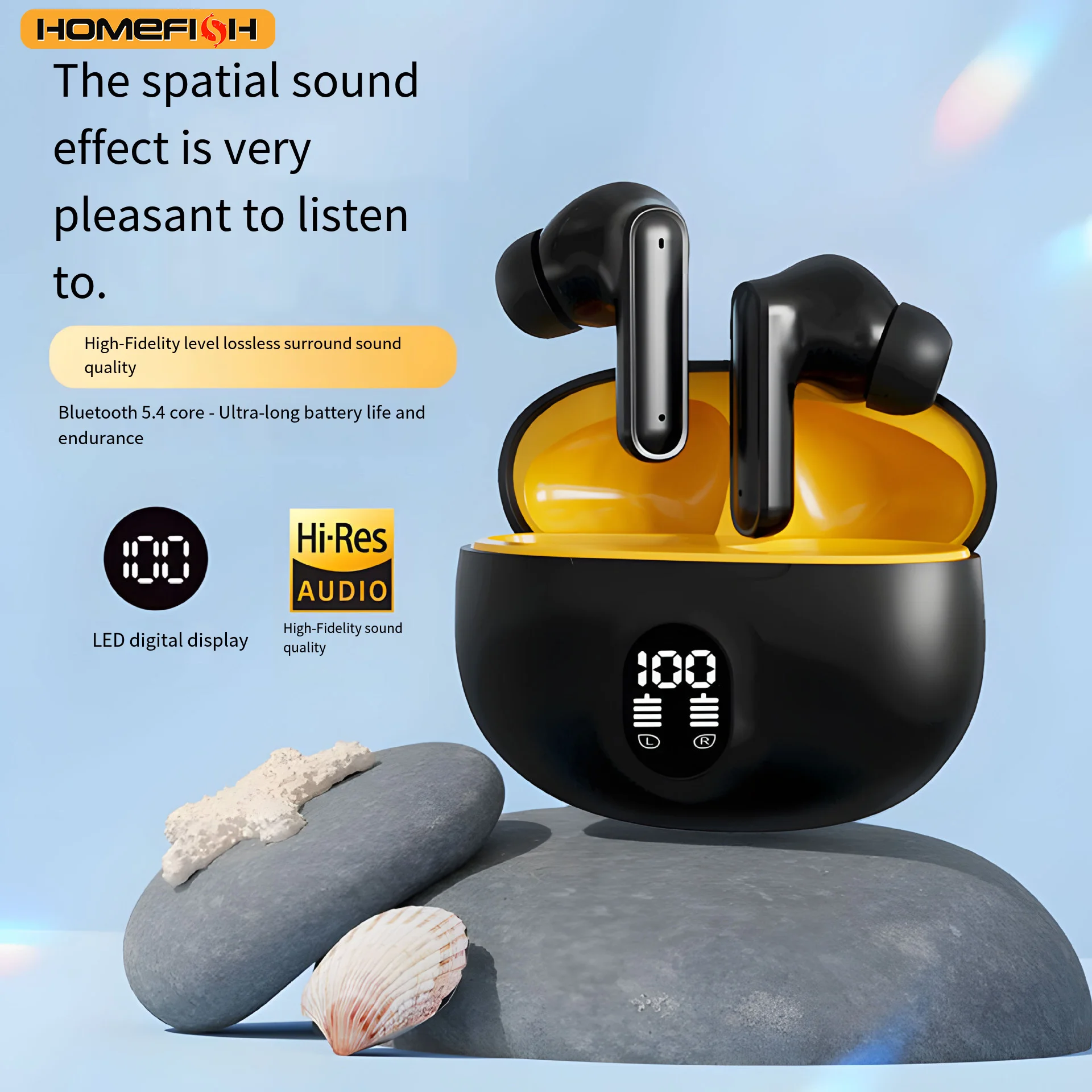 HOMEFISH W895 Wireless Earbuds BT5.4 HiFi Sound LED Display Long Battery Life TWS Headphones