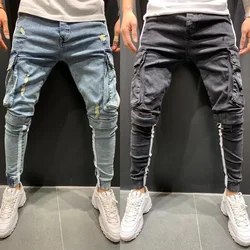 Homens meio cintura comprimento do tornozelo jeans jeans, buracos, bainha bolsos, magro, rua alta, patchwork, estiramento leve, lavagem