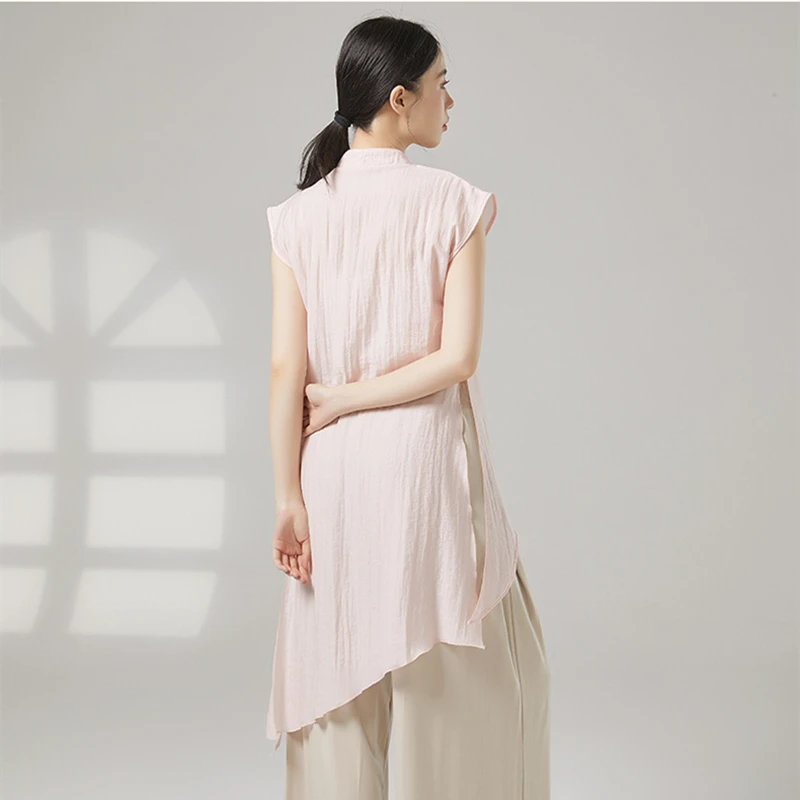 Classical Dance Costumes Women Vintage Qipao Collar Hanfu Tops Long Dress Short Sleeve Shirt Irregular Hem Performance Clothes