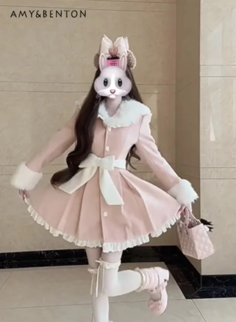 

Sweet Pink Woolen Coat for Women Autumn Winter Furry Turn-Down Collar Bow Tie Slim Fit Elegant Fairy Style Princess Overcoat