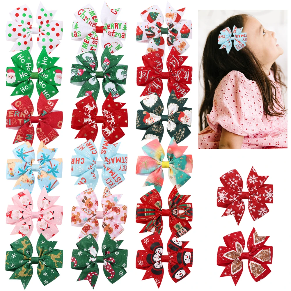 2 Stück Festivel Weihnachts-Haarschleifen-Clips für Babys, Ripsband, Weihnachtsmann, Schneeflocke, Windrad, Haarnadeln, Haarschmuck