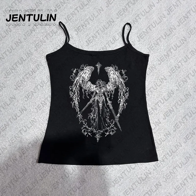 빈티지 여성 고딕 프린트 탱크탑 슬림 그런지 크롭탑 레트로 Y2K 탑 스트릿웨어 그래픽 탱크 & 캐미솔 탑 에모 걸스 코르셋