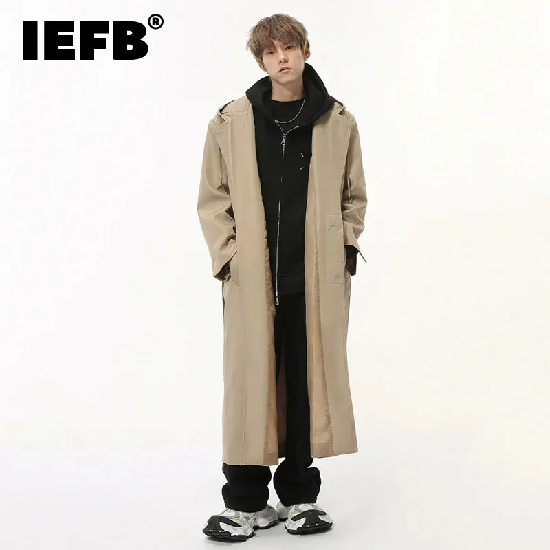 

IEFB Korean Style Men's Windbreakers Belt Hooded Drawstring Shoulder Pads Solid Color Overknee Male Long Trendch Stylish 9C7742