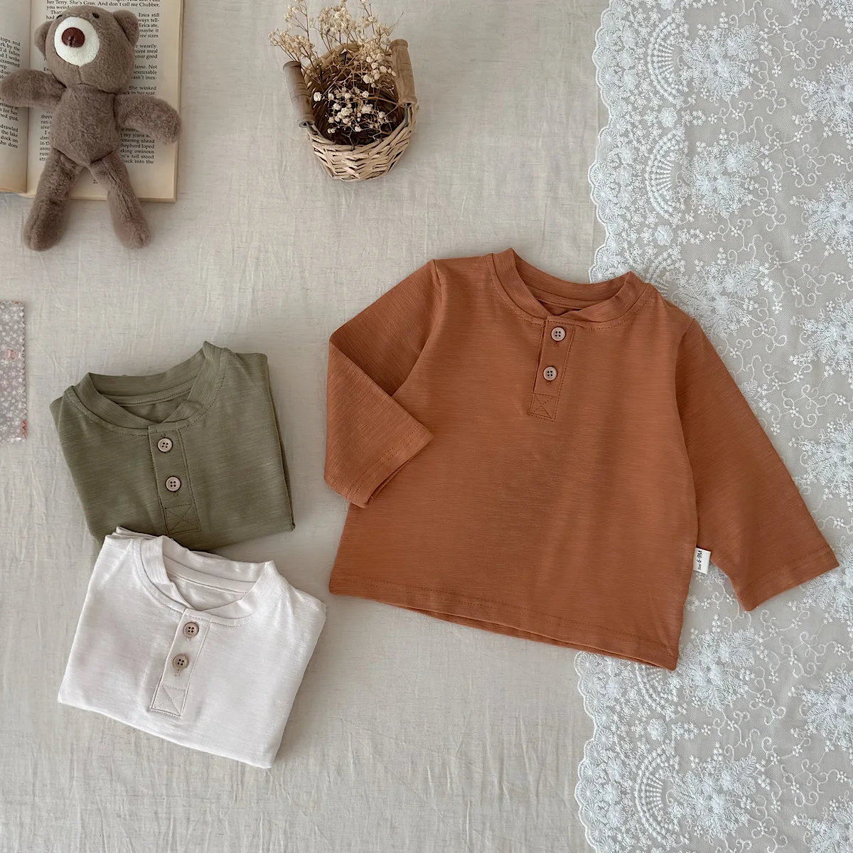 Baby Long Sleeve T-shirt 3Pcs Set Unisex Toddler Bamboo Cotton Henley Tops Solid Color Button Front Tees Boys Girls Casual Basic