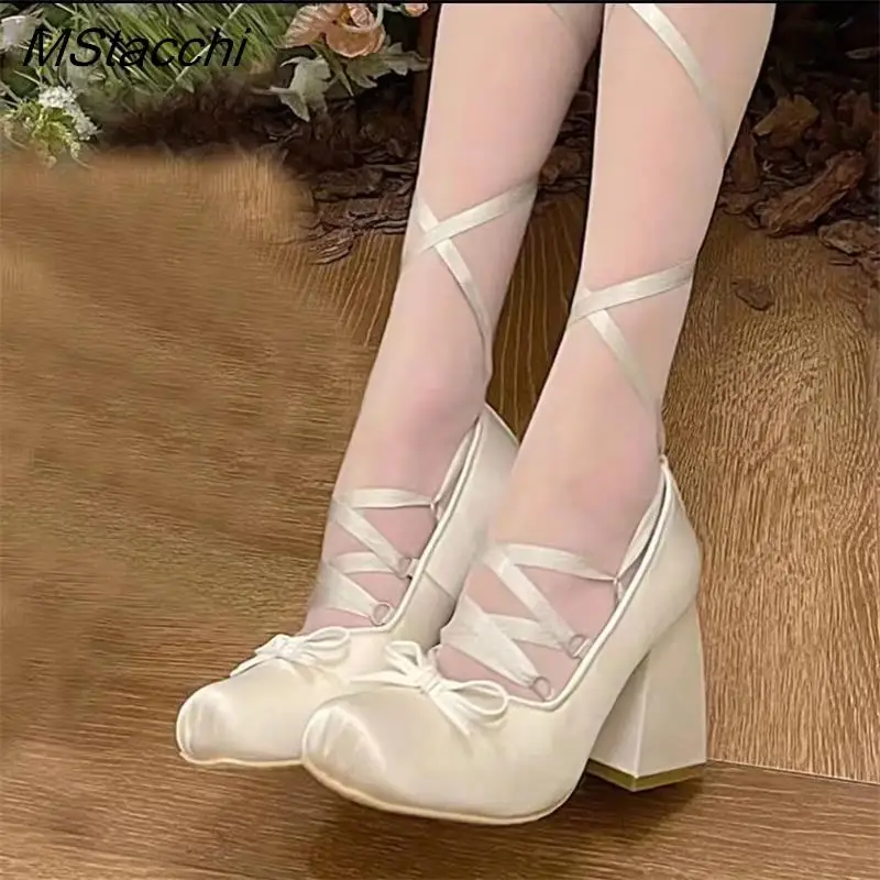 Pink Silk Cross-strap Ballet Shoes Sweet Girl Square Toe High Heels Women Pumps Elegant Ladies Bowknot Lace Up Lolita Shoes New