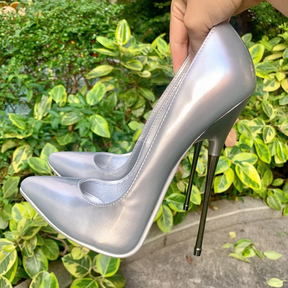 

Women 16cm Extreme Metal High Heels Silver Inside Stilettos Sexy Pumps Fetish Model Unisex Man Shoes Factory Customize