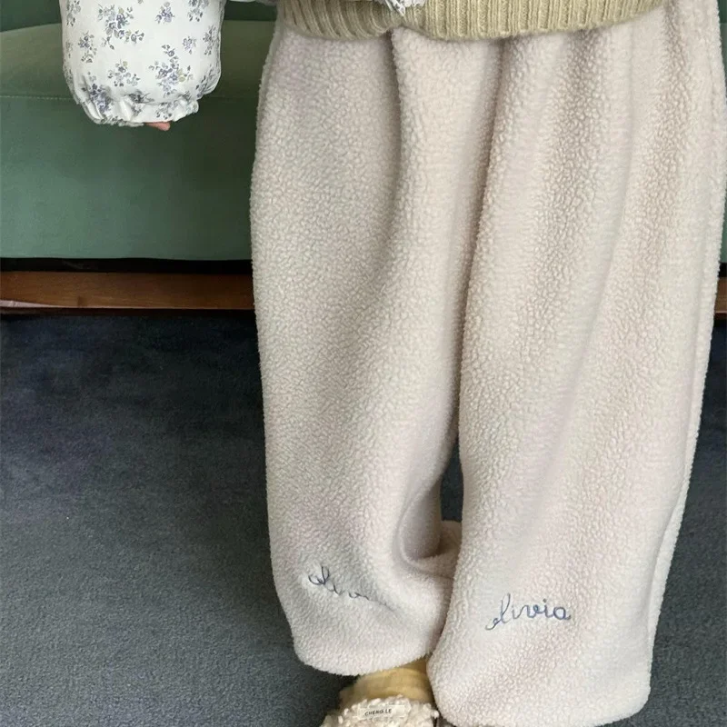 Children Clothing Lamb Wool Embroidery Sweatpants 2024 Autumn Winter New Boys Girls Thick Casual Pants Loose Comfortable Pants